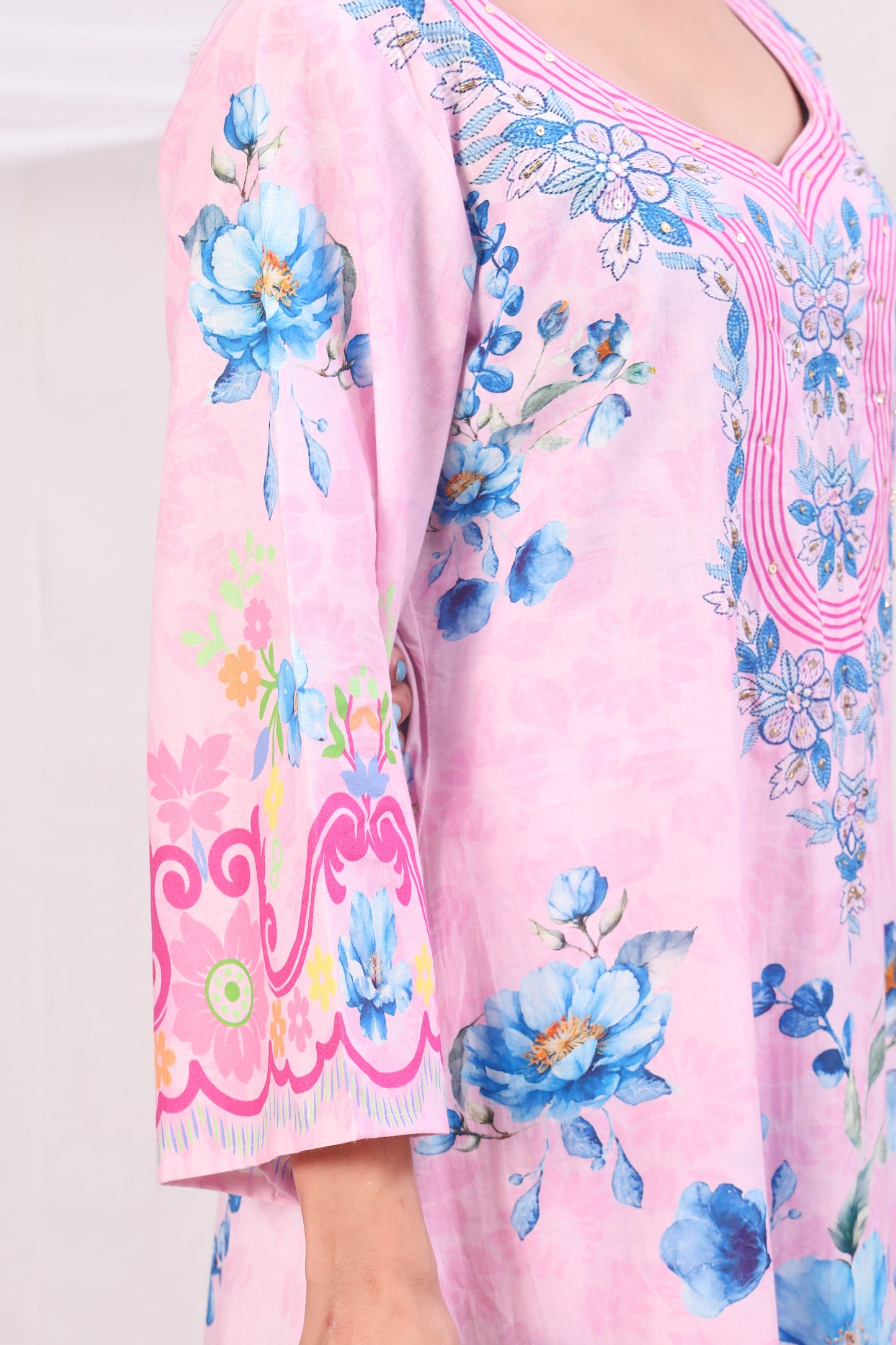 Multicolor Digital Printed Cotton Kurta Set - Pink