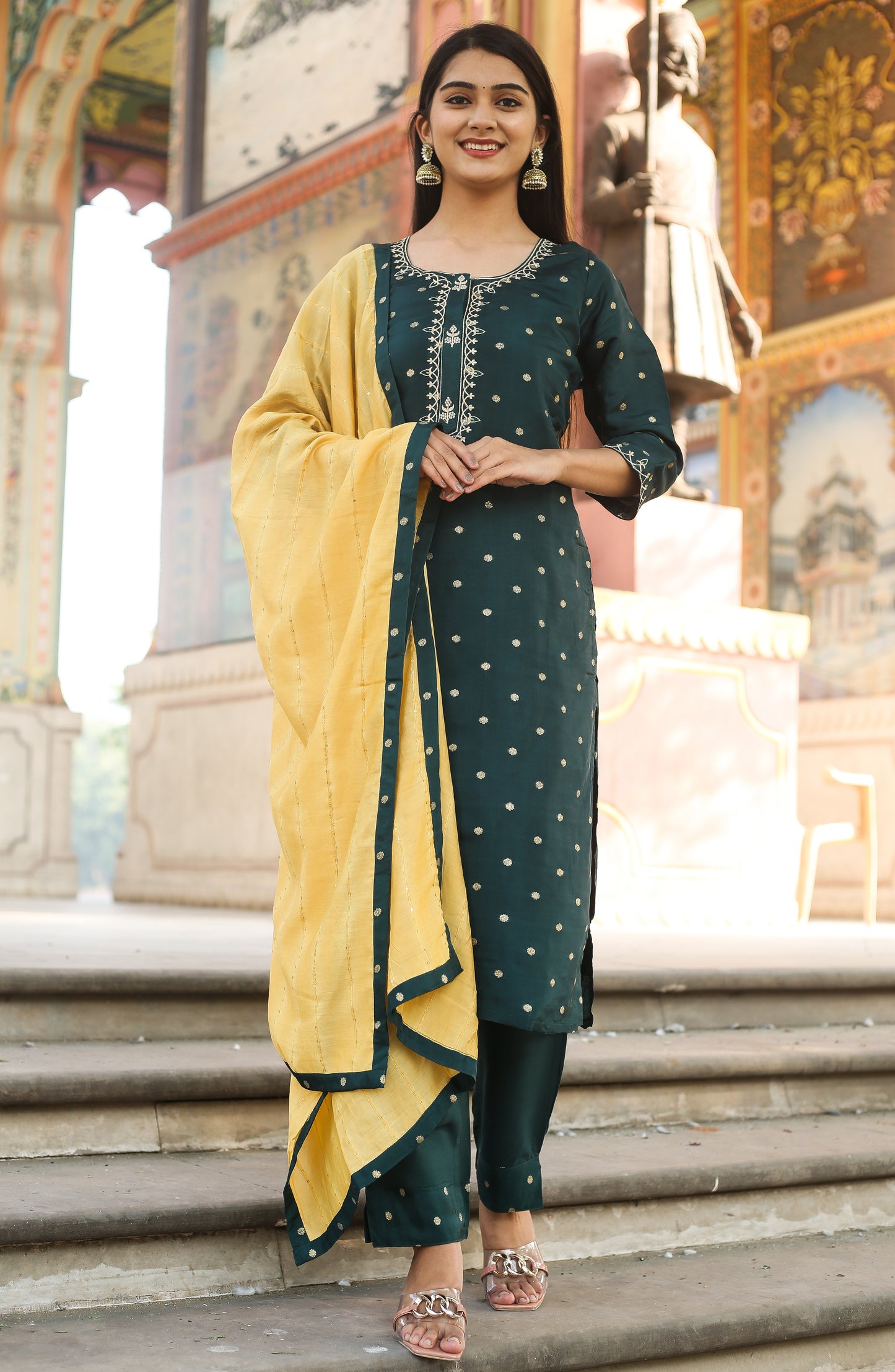 Polka Dots Embroidered Kurta with Trousers & Dupatta