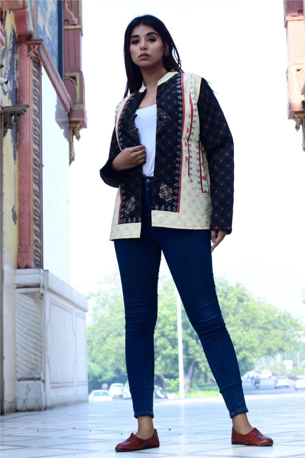 Women's Floral Quilted Jacket for Wedding Party Black & Beige