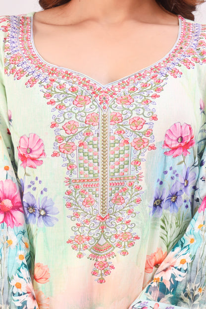 Multicolor Digital Printed Cotton Kurta Set - Sea Green