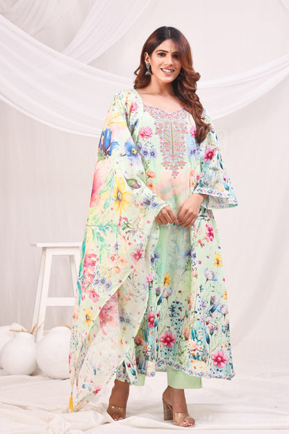 Multicolor Digital Printed Cotton Kurta Set - Sea Green