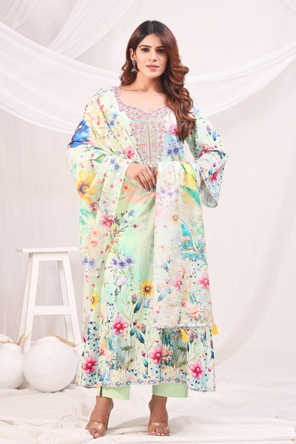 Multicolor Digital Printed Cotton Kurta Set - Sea Green