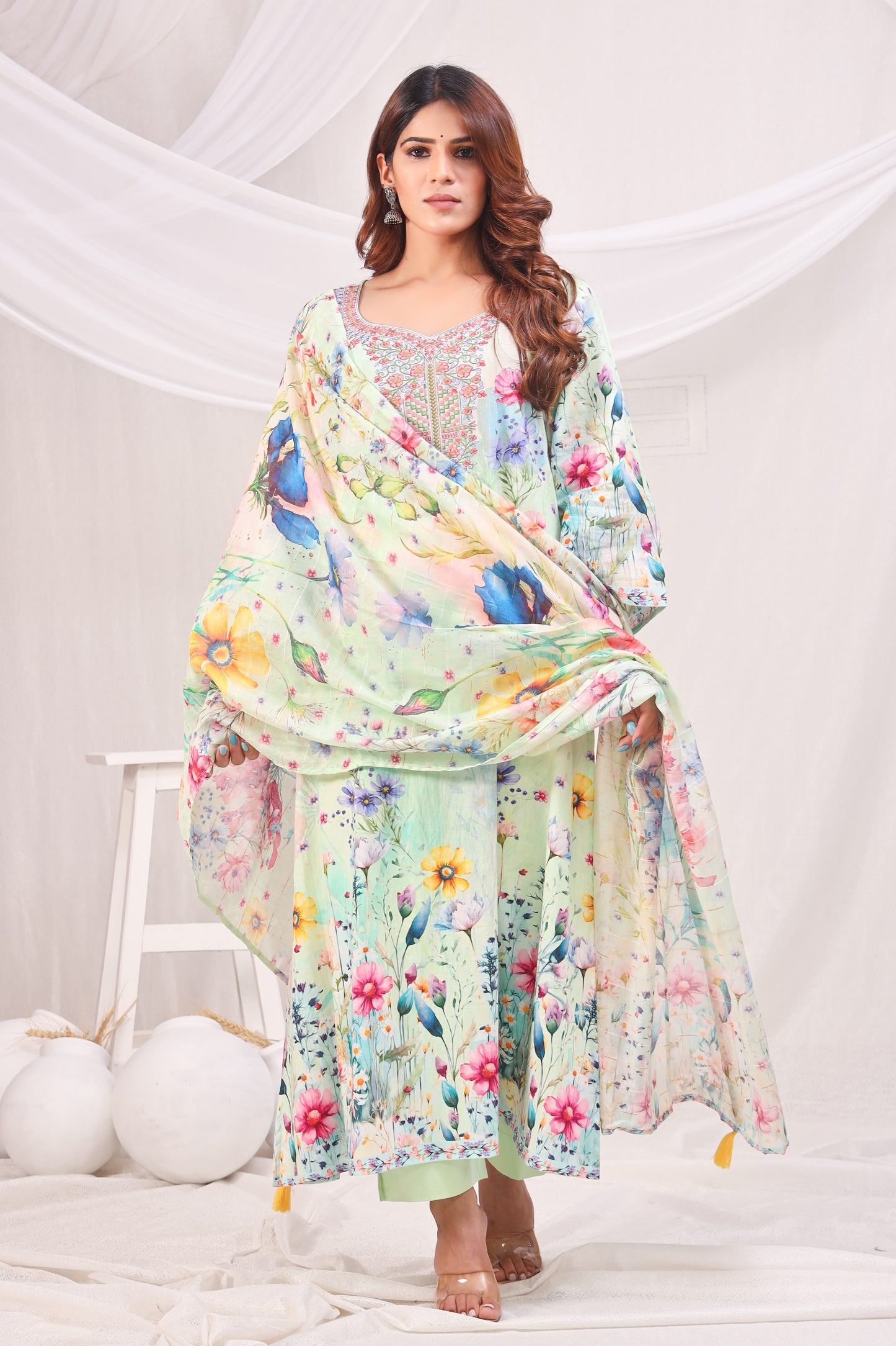 Multicolor Digital Printed Cotton Kurta Set - Sea Green