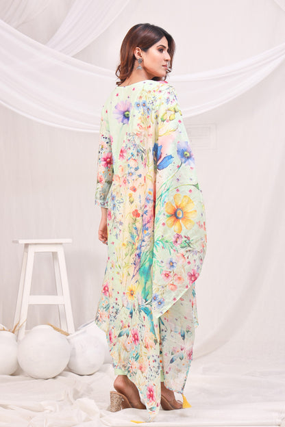 Multicolor Digital Printed Cotton Kurta Set - Sea Green