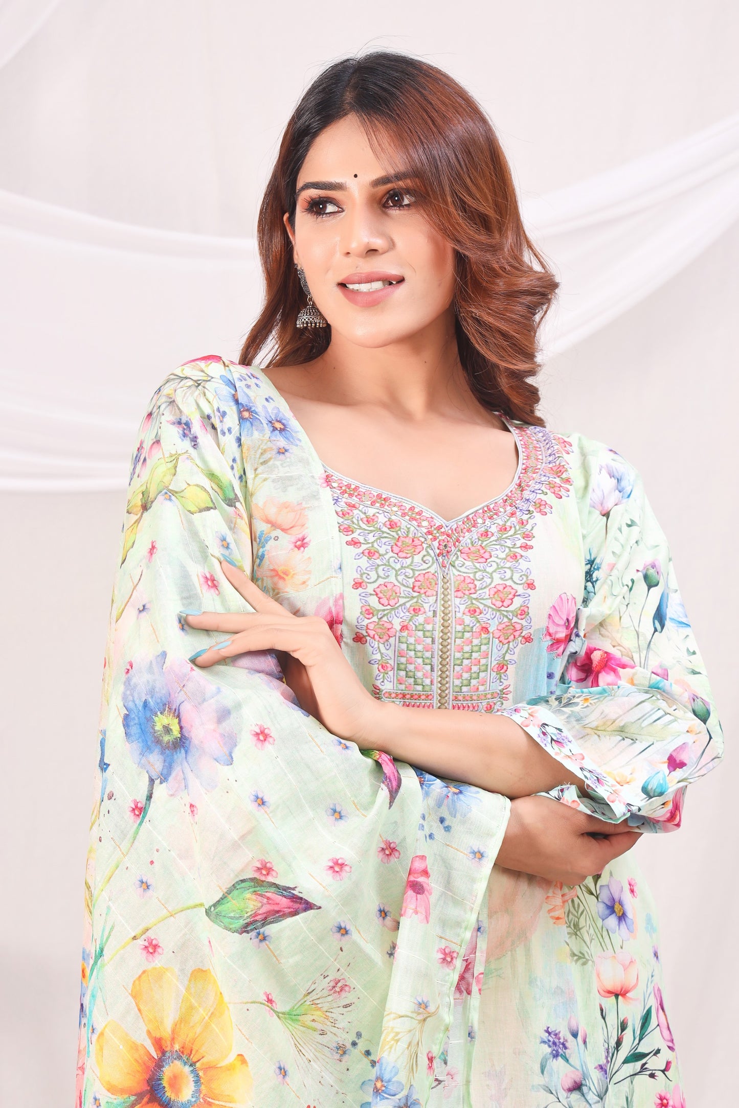 Multicolor Digital Printed Cotton Kurta Set - Sea Green