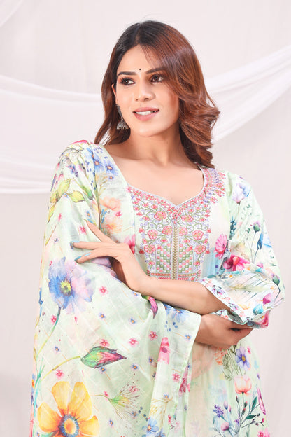 Multicolor Digital Printed Cotton Kurta Set - Sea Green