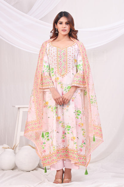 Multicolor Digital Printed Cotton Kurta Set - Peach