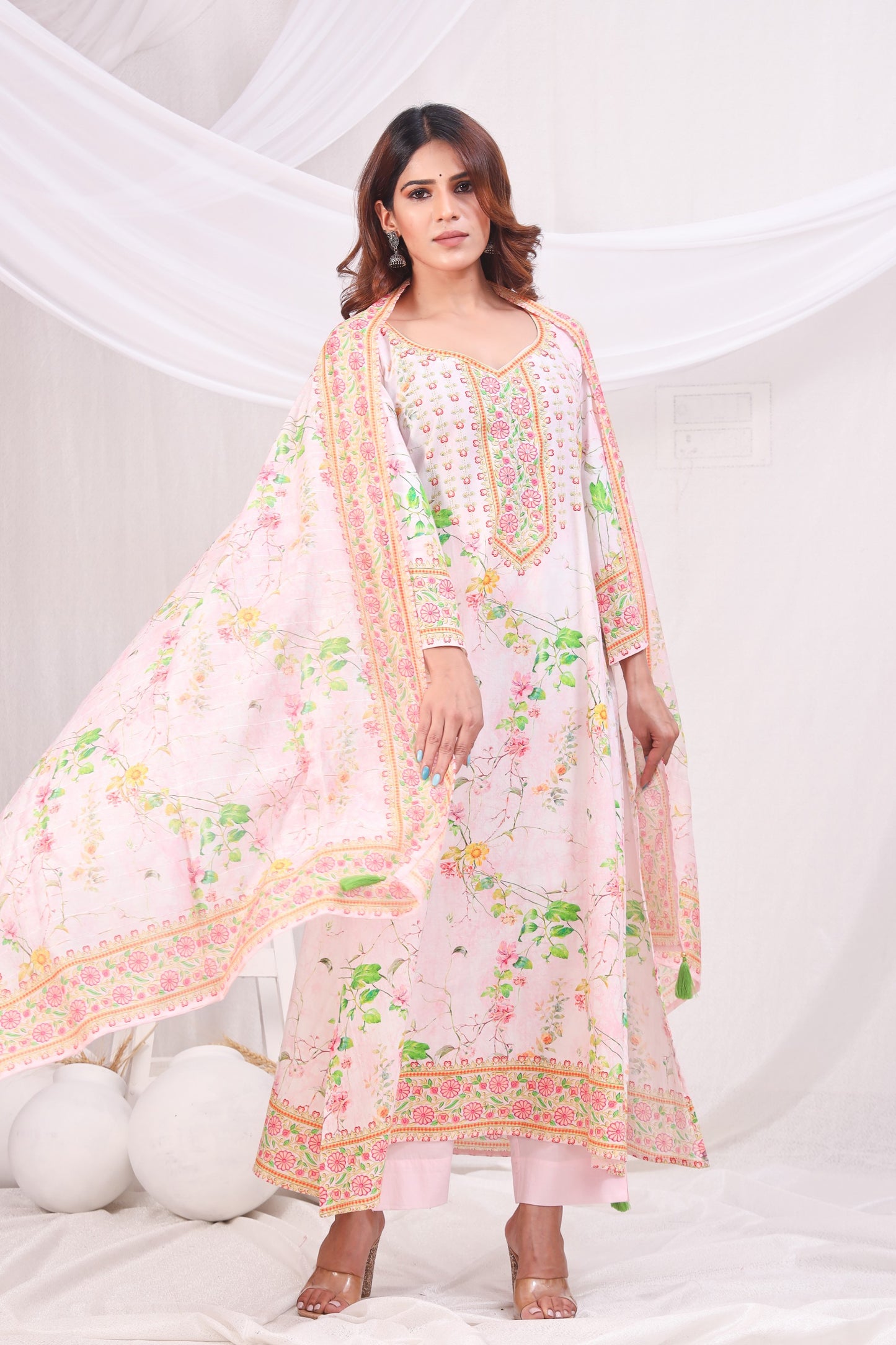 Multicolor Digital Printed Cotton Kurta Set - Peach