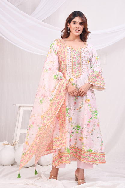 Multicolor Digital Printed Cotton Kurta Set - Peach