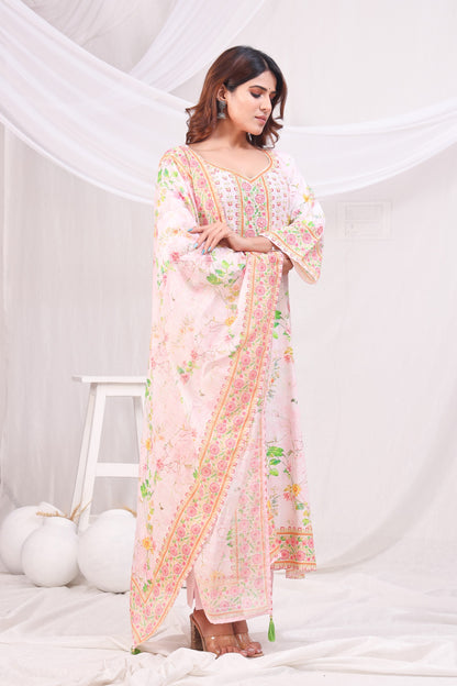 Multicolor Digital Printed Cotton Kurta Set - Peach