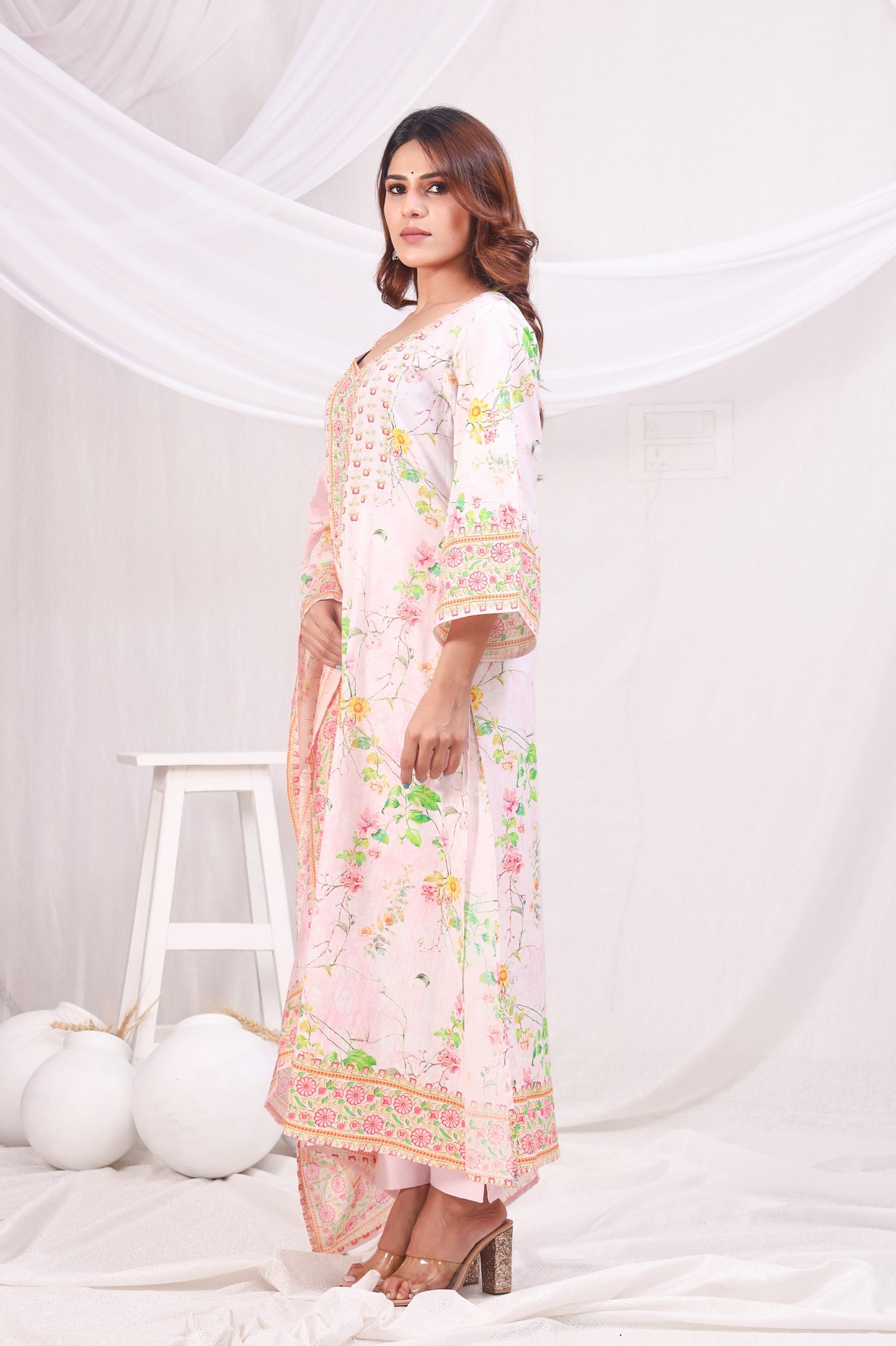 Multicolor Digital Printed Cotton Kurta Set - Peach