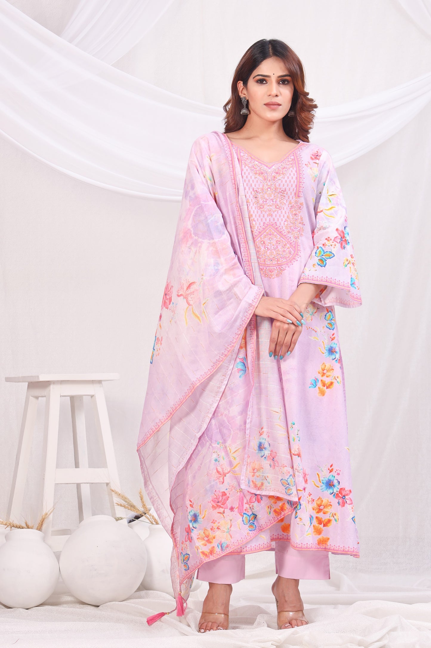 Multicolor Digital Printed Cotton Kurta Set - Pink