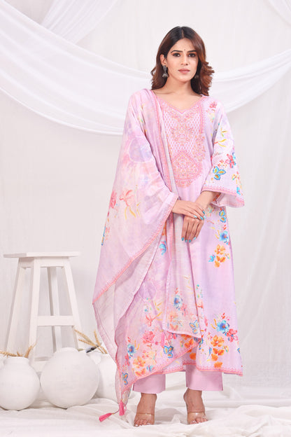 Multicolor Digital Printed Cotton Kurta Set - Pink
