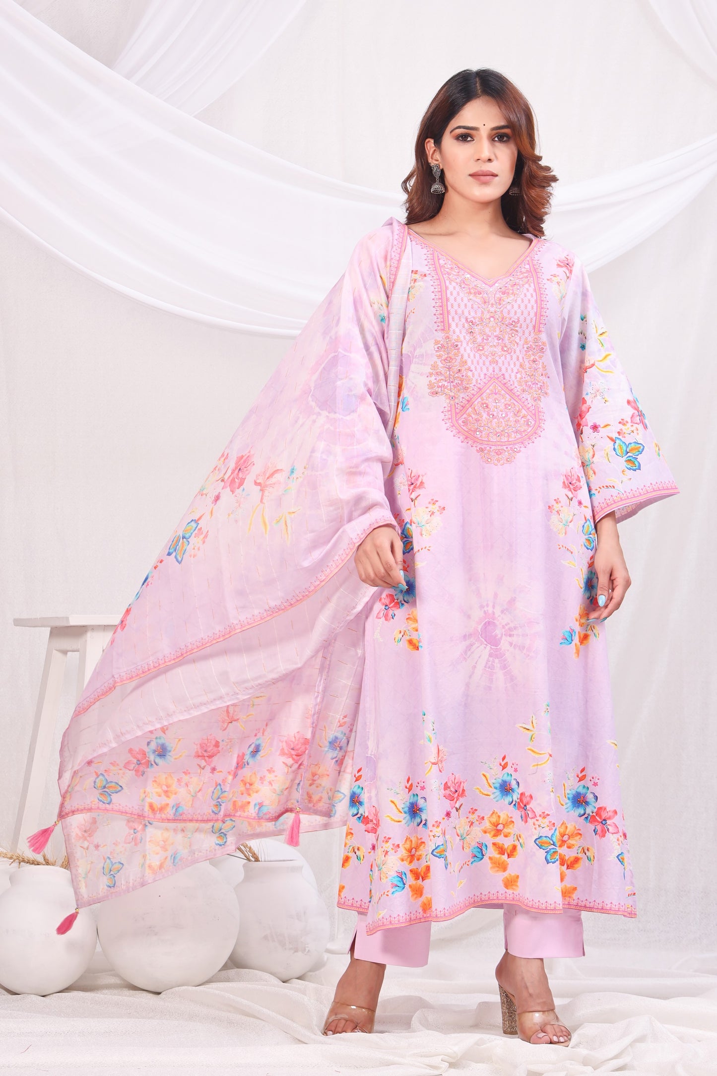 Multicolor Digital Printed Cotton Kurta Set - Pink