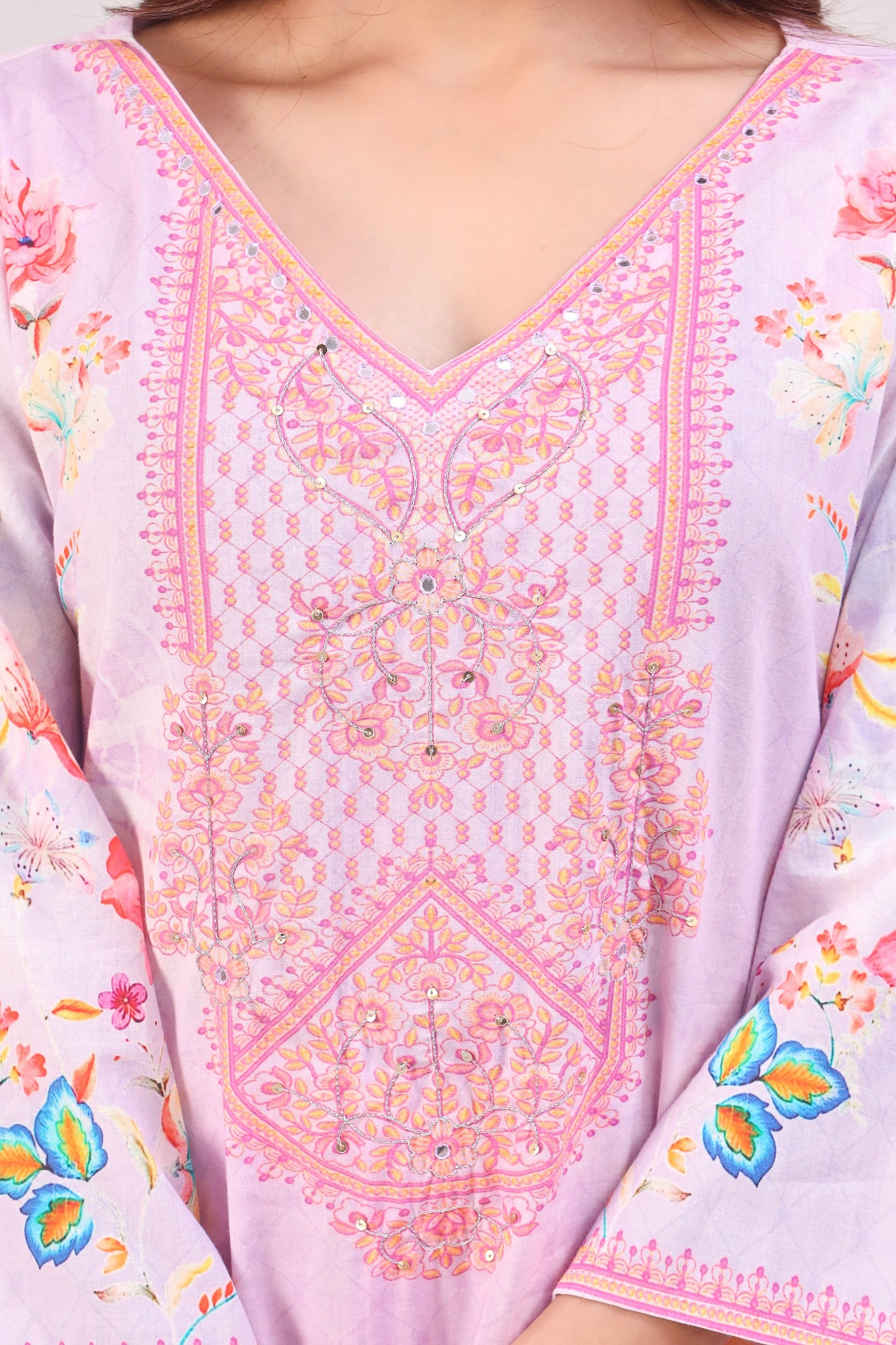 Multicolor Digital Printed Cotton Kurta Set - Pink