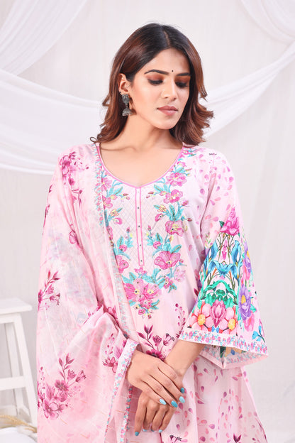 Multicolor Digital Printed Cotton Kurta Set - Pink