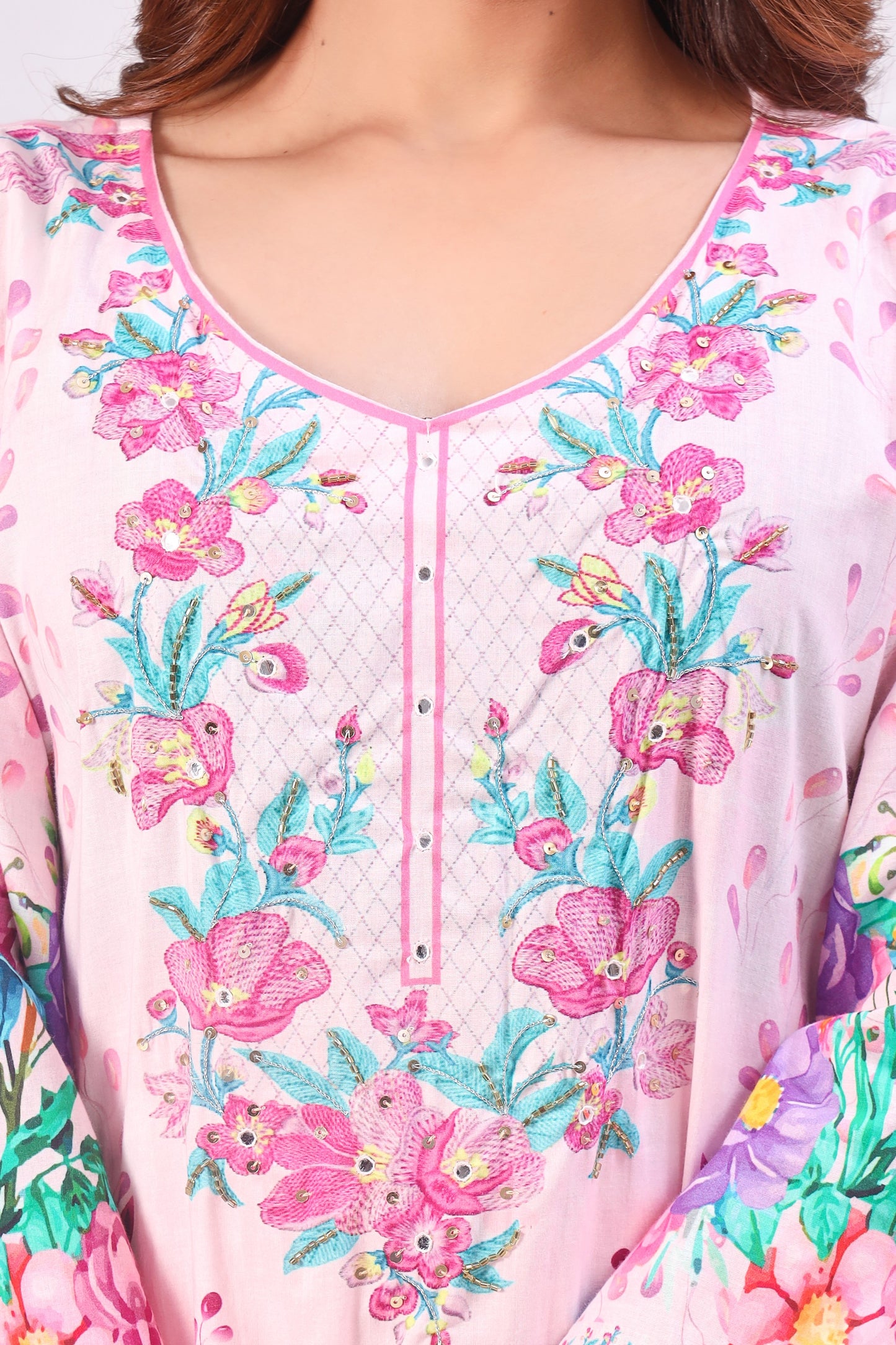 Multicolor Digital Printed Cotton Kurta Set - Pink