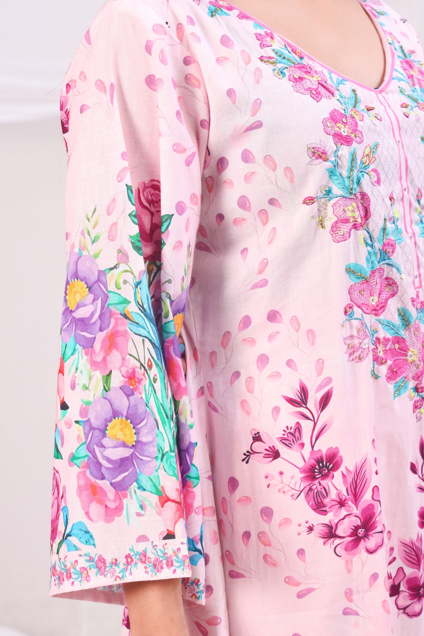 Multicolor Digital Printed Cotton Kurta Set - Pink