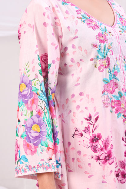 Multicolor Digital Printed Cotton Kurta Set - Pink