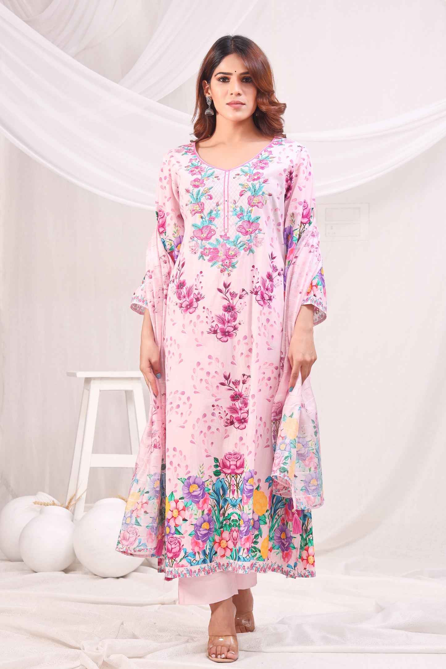Multicolor Digital Printed Cotton Kurta Set - Pink