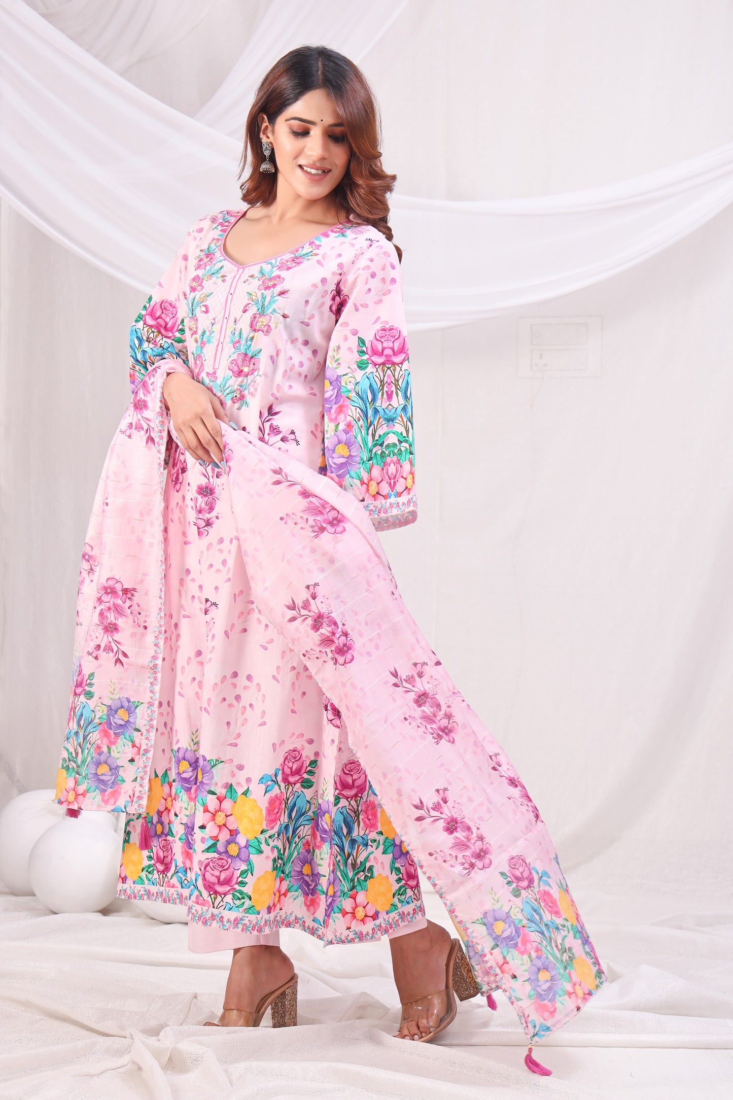 Multicolor Digital Printed Cotton Kurta Set - Pink