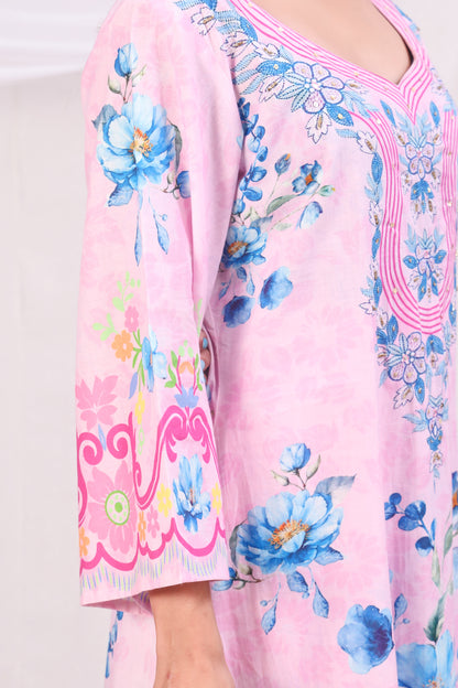 Multicolor Digital Printed Cotton Kurta Set - Pink