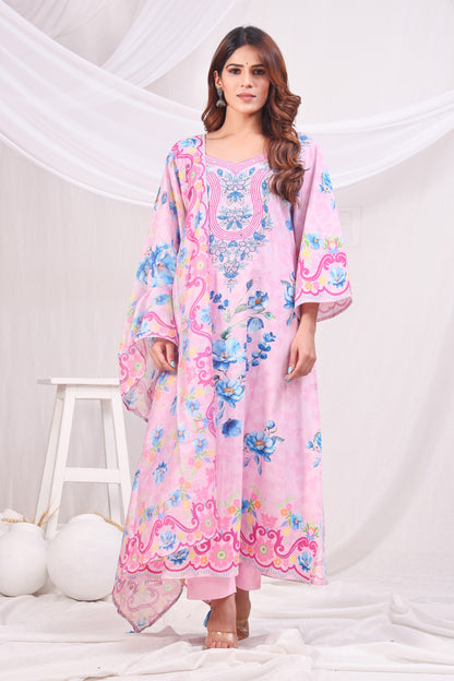 Multicolor Digital Printed Cotton Kurta Set - Pink