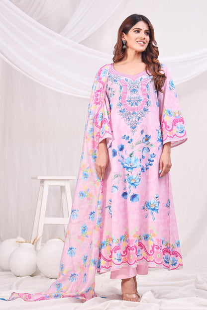 Multicolor Digital Printed Cotton Kurta Set - Pink
