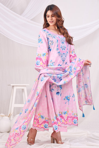 Multicolor Digital Printed Cotton Kurta Set - Pink