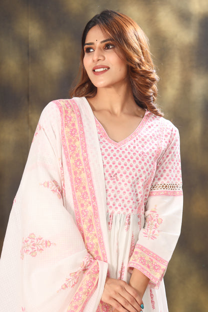 Block Printed Naira Cut Kurta With Palazzos & Dupatta