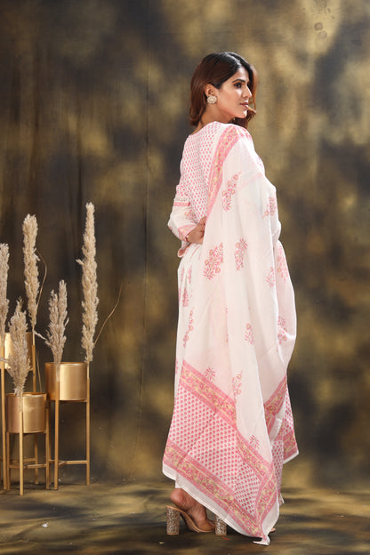 Block Printed Naira Cut Kurta With Palazzos & Dupatta