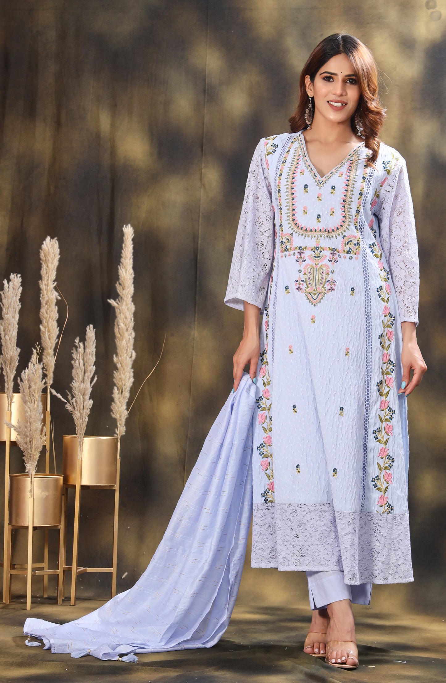 Floral Embroidered Thread Work Kurta with Trousers & Dupatta