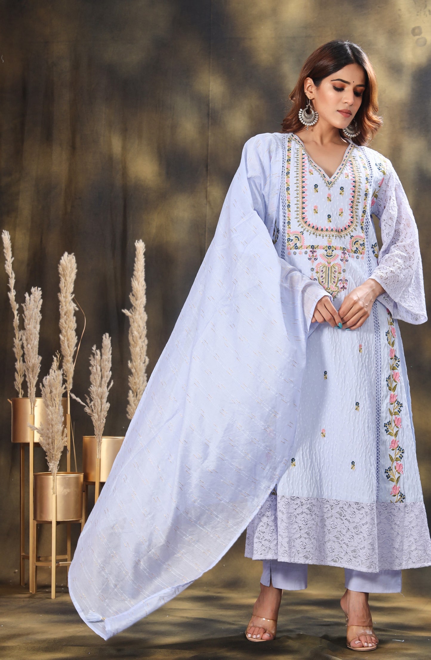 Floral Embroidered Thread Work Kurta with Trousers & Dupatta