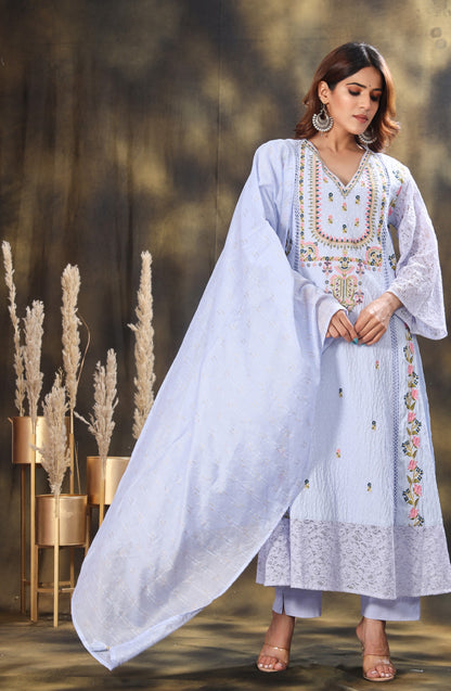 Floral Embroidered Thread Work Kurta with Trousers & Dupatta
