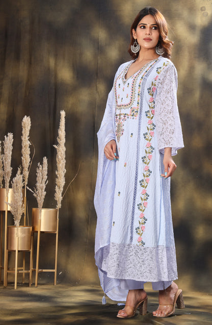 Floral Embroidered Thread Work Kurta with Trousers & Dupatta