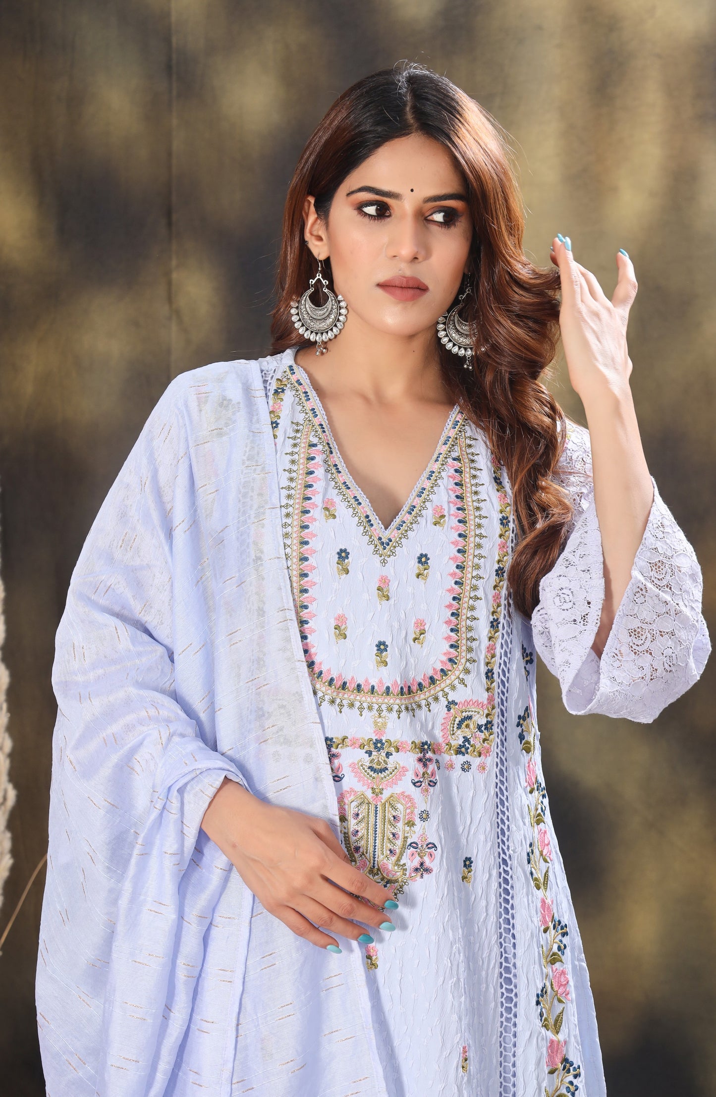 Floral Embroidered Thread Work Kurta with Trousers & Dupatta
