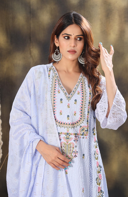 Floral Embroidered Thread Work Kurta with Trousers & Dupatta