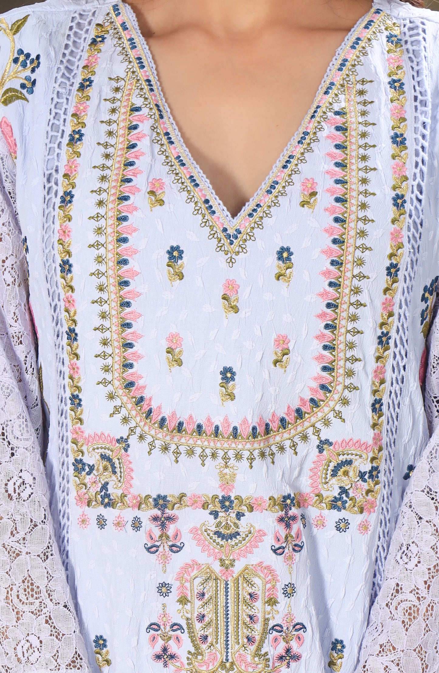 Floral Embroidered Thread Work Kurta with Trousers & Dupatta