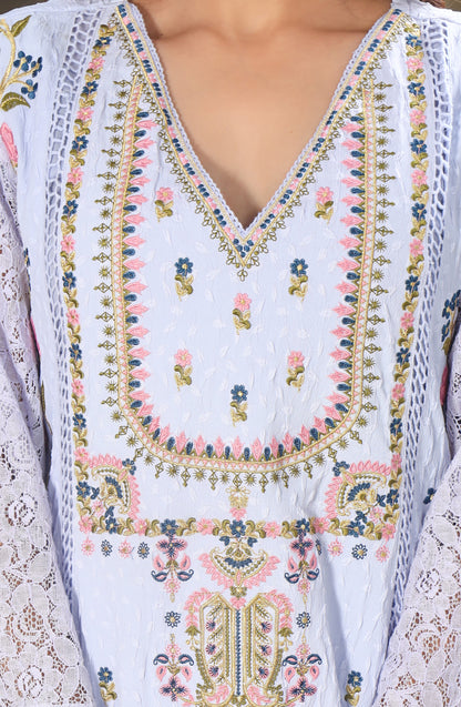 Floral Embroidered Thread Work Kurta with Trousers & Dupatta