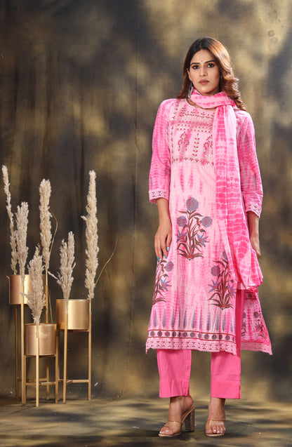 Shibori Printed Embroidered Kurta With Trousers And Dupatta