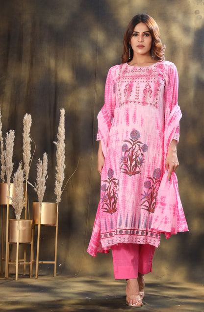 Shibori Printed Embroidered Kurta With Trousers And Dupatta