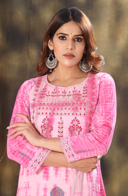 Shibori Printed Embroidered Kurta With Trousers And Dupatta