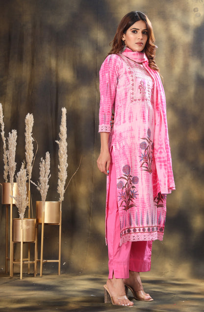Shibori Printed Embroidered Kurta With Trousers And Dupatta