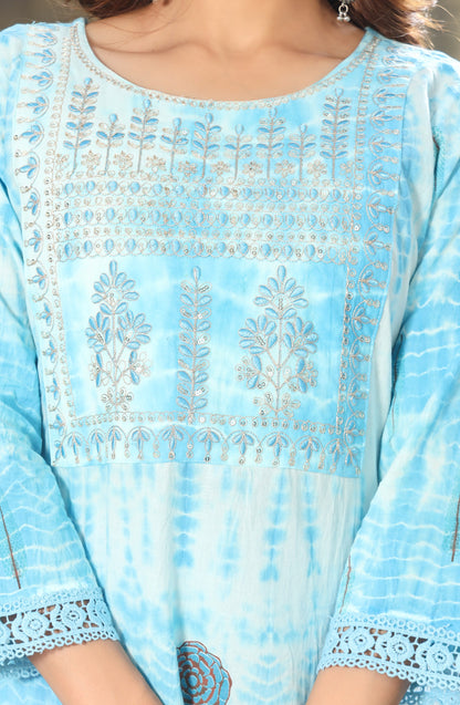 Shibori Printed Embroidered Kurta With Trousers And Dupatta
