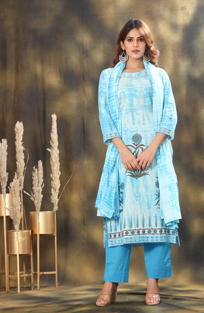 Shibori Printed Embroidered Kurta With Trousers And Dupatta