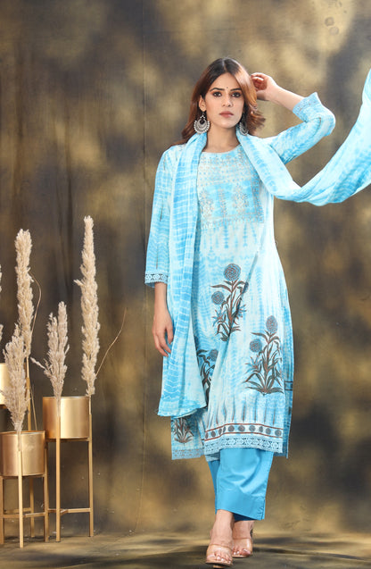 Shibori Printed Embroidered Kurta With Trousers And Dupatta