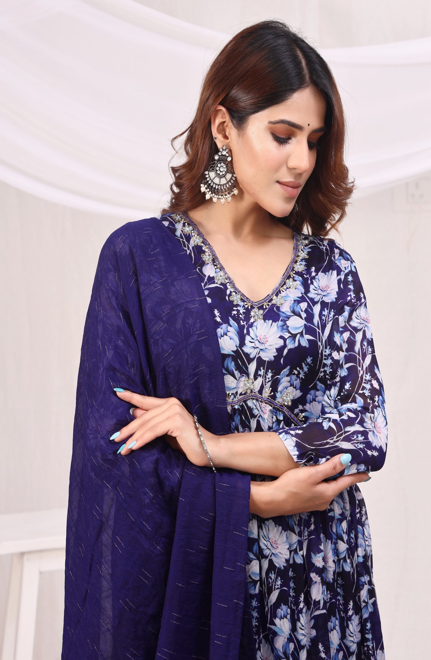 Floral Printed Empire Sequinned Kurta with Trousers & Dupatta