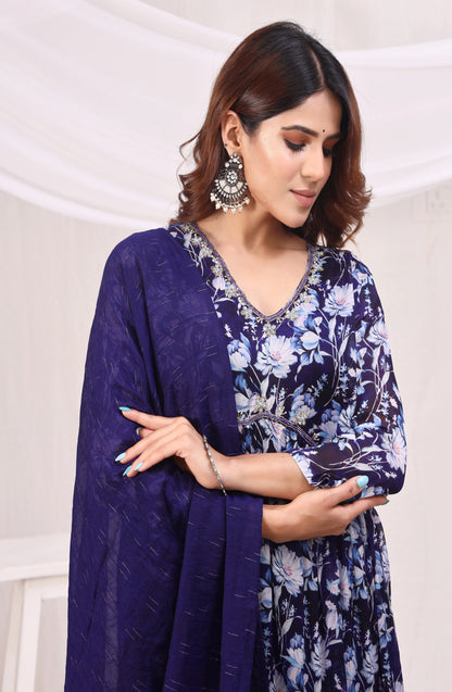 Floral Printed Empire Sequinned Kurta with Trousers & Dupatta