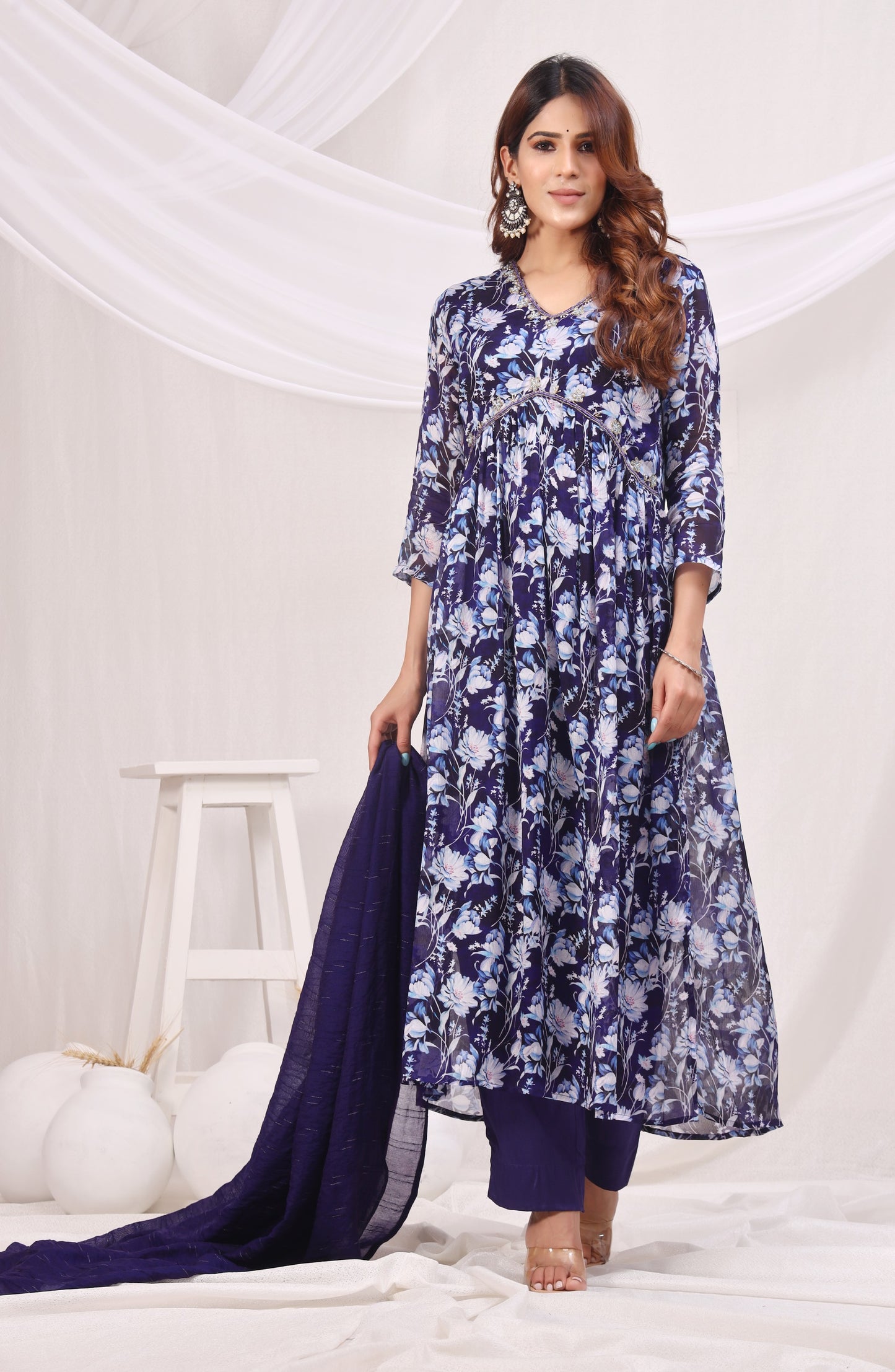 Floral Printed Empire Sequinned Kurta with Trousers & Dupatta