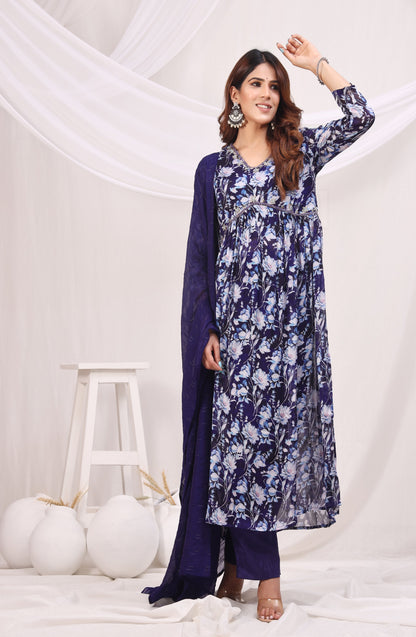 Floral Printed Empire Sequinned Kurta with Trousers & Dupatta